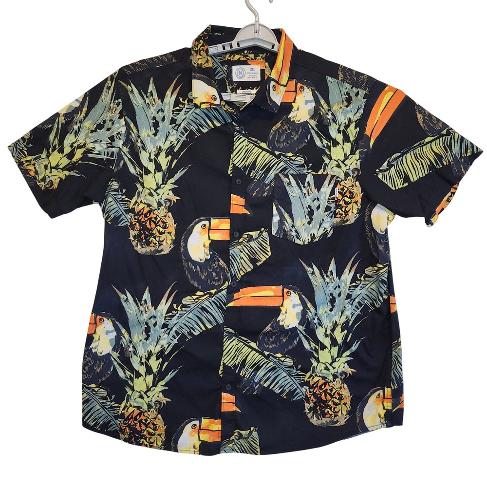 Hurley Mens XXL Toucan Pineapple Tropical Print Stretch Short Sleeve Button Down